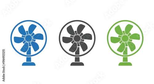Three colorful fan icons in blue, black, and green on a white background, with a minimalist graphic design and a clean aesthetic.