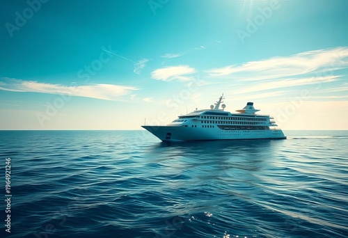 Sleek luxury cruise ship sailing on calm ocean, sunny day,  water,  travel