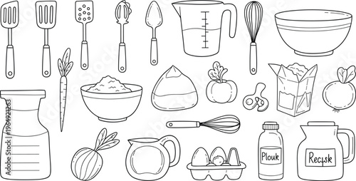 Black and White Kitchen Tools and Ingredients Icons Set Featuring Spatulas, Bowls, Milk, Eggs, and Cooking Utensils for Meal Preparation