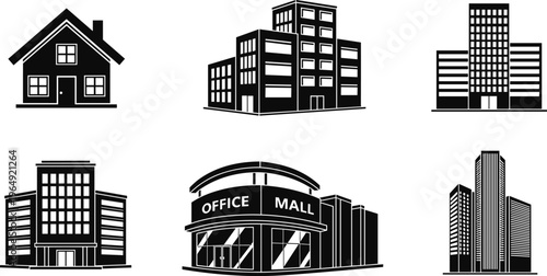Building and Architecture Icon Set with House, Office, Mall, and Skyscraper for Real Estate, Urban Design, and Architecture Projects