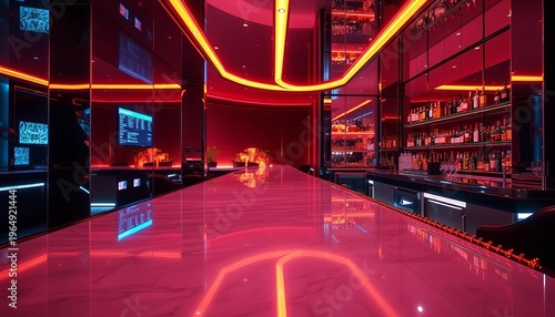 Sleek mirrored bar interior with polished surfaces and ambient lighting,  surface,  night