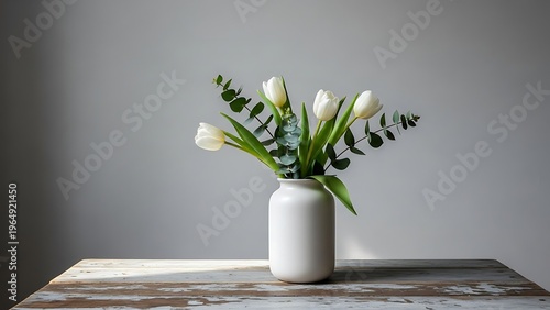 Ethereal white tulips and eucalyptus elegantly arranged in a simple vase