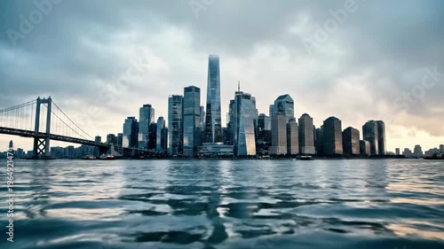 A city skyline with a bridge and a body of water reflecting the cloudy sky