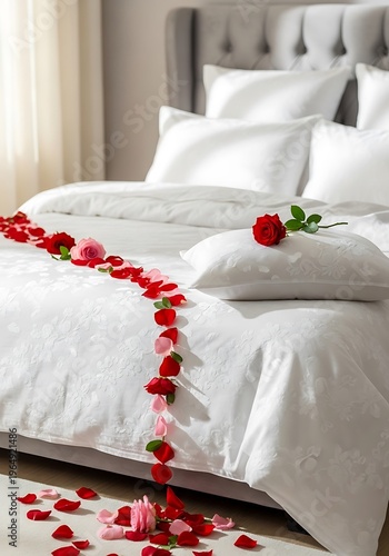 Luxurious bedding with delicate floral pattern and romantic rose arrangement