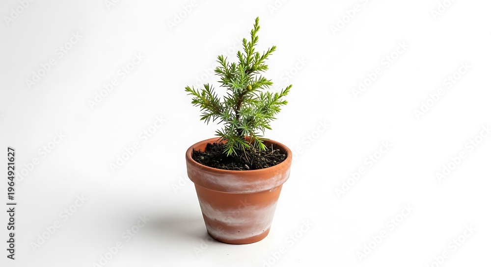 Fototapeta premium Small evergreen plant in terracotta pot on white background
