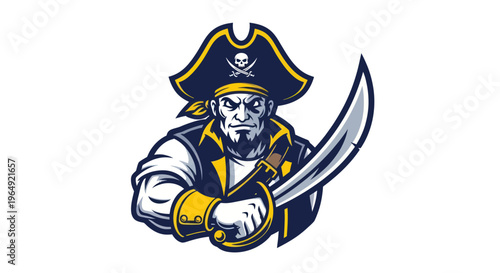 Pirate Mascot with Cutlass and Skull Hat