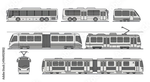Collection of modern urban public transport vehicles: buses, trams, and trains