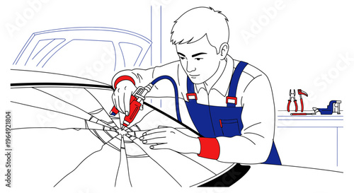 Car mechanic repairing cracked windshield with specialized tool, auto service