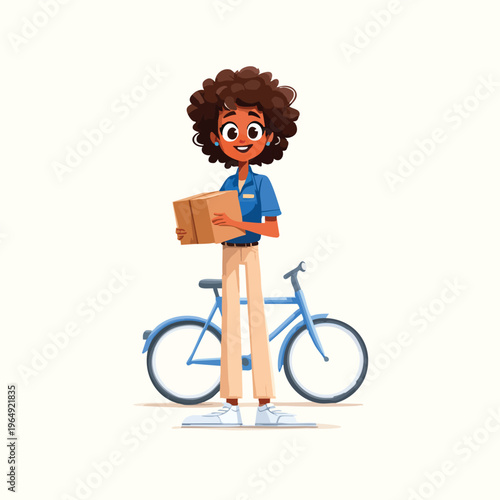 Cartoon delivery courier standing with package beside bicycle.