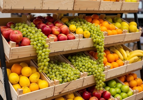 Fresh assorted fruits displayed in wooden crates on a market shelf