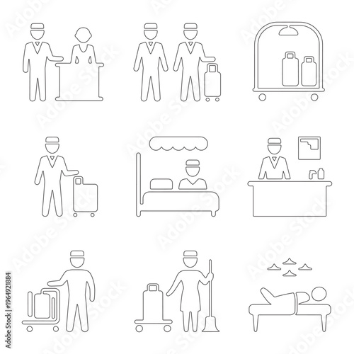 Hotel staff and hospitality service thin line icon set. Bellboy, receptionist, room service, and housekeeping outline icons for travel and tourism.