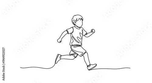 Lineart Illustration of a Young Boy Running Forward on a Flat Surface in a Dynamic Pose without Background