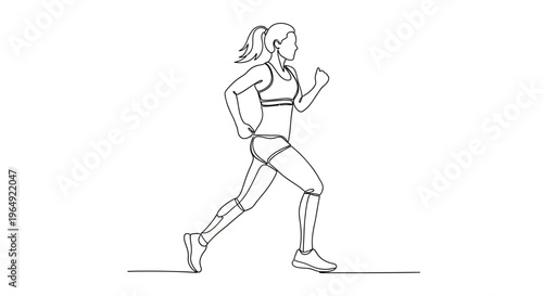 Dynamic line art illustration of a young woman running in athletic attire demonstrating movement and energy