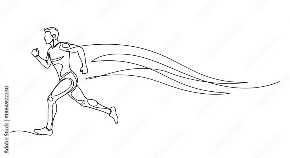 Fototapeta premium Dynamic superhero running with flowing cape illustrating motion and speed in a minimalist line art style for creative design
