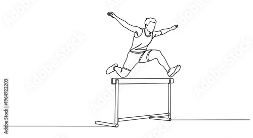 Dynamic illustration of a young athlete mid-jump over a hurdle capturing motion in a minimalistic black and white line art style