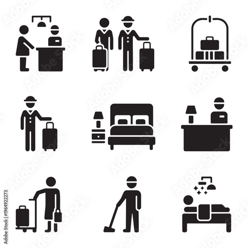 9 Premium solid glyph icons for hotel booking app, travel website, and accommodation guest services.