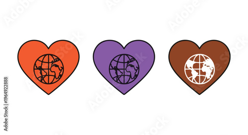 Three colorful heart-shaped icons with globe designs on a white background in a flat lay composition with vibrant tones.