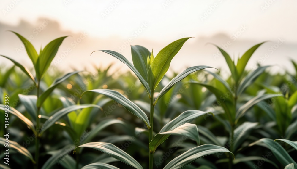 Fototapeta premium Fresh green tea plantation rows at sunrise with soft morning light and misty background