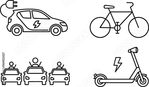 Eco-Friendly Transportation Icon Set with Electric Car, Bicycle, Carpool, and Electric Scooter for Sustainable Travel, Green Energy, and Urban Mobility Projects