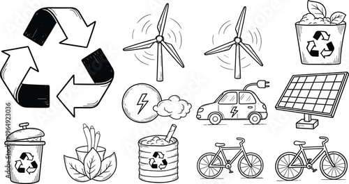 Ecology and sustainability vector icon set featuring recycle symbols wind turbines solar panels electric car and green energy,