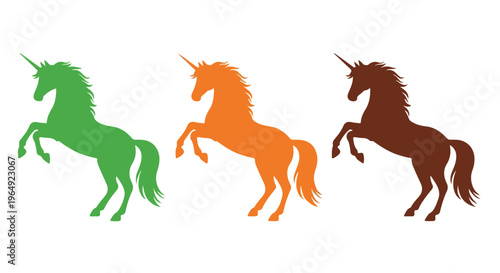 Three colorful unicorn silhouettes in green, orange, and brown, running in profile against a white background.
