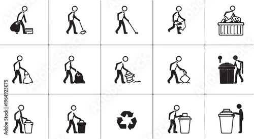 Pictograms illustrating various actions related to cleaning, waste disposal, and recycling for public spaces