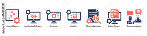 Project Control web banner icon vector illustration with icons of Control System,Monitoring Software,Software,Analytics,Financial Analysis,Online Survey and Communications