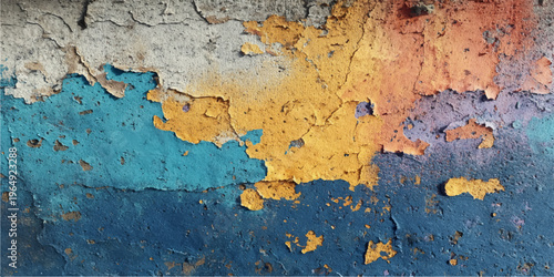 Peeling old paint on a weathered grunge wall texture reveals a rough aged surface with rusty metal patterns and vintage brown stone material