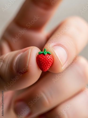 Miniature Strawberry Held Delicately Between Fingers Close-up View