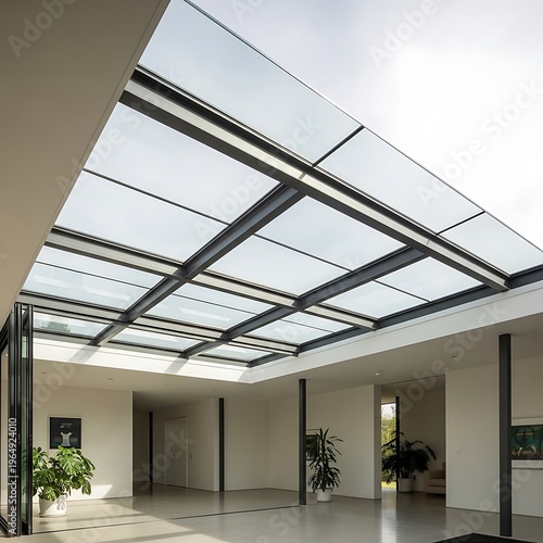 Modern interior featuring a glass roof, emphasizing light and spaciousness