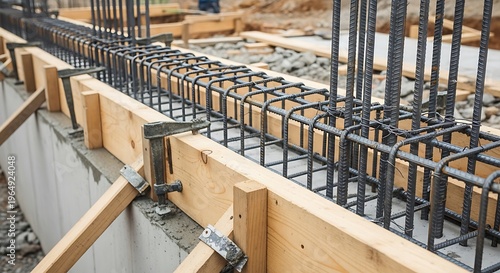 Reinforced Concrete Foundation Under Construction with Wooden Formwork