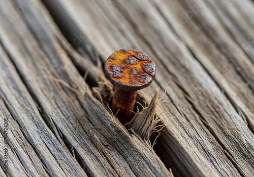 Rusty nail head embedded in weathered wooden plank