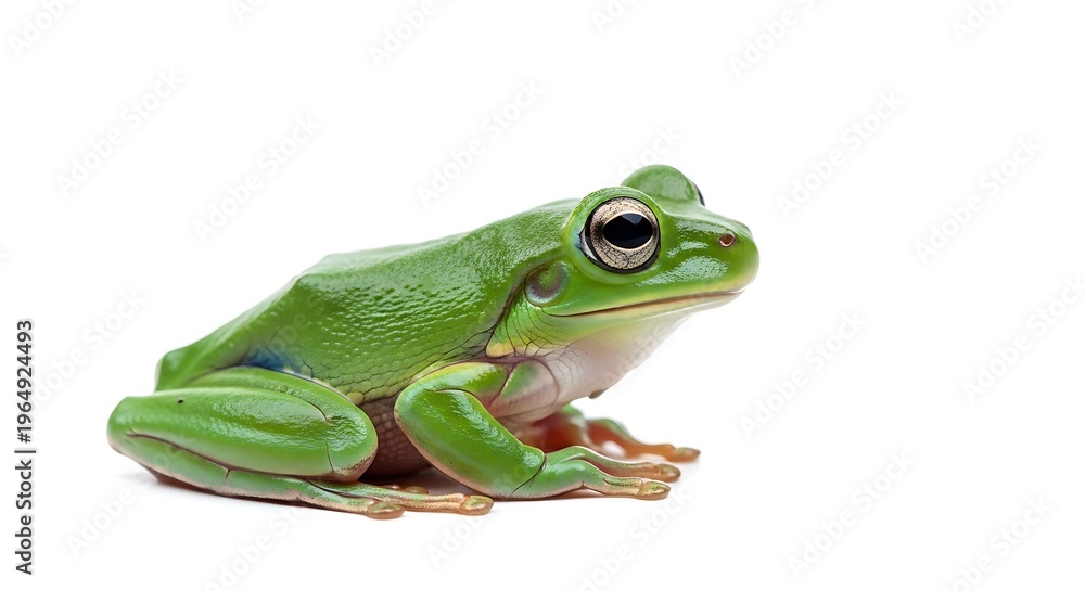 Obraz premium Vibrant green frog sitting isolated on clean white background