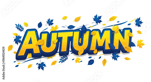 Autumn season text with falling leaves, blue and yellow colors