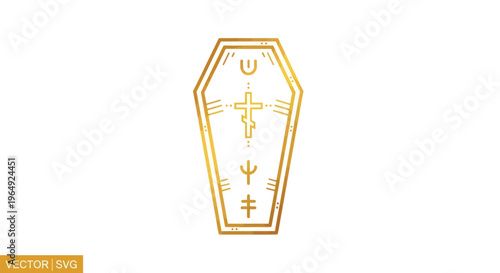 Golden Coffin Icon with Religious Cross and Occult Symbols, Funeral Vector Art