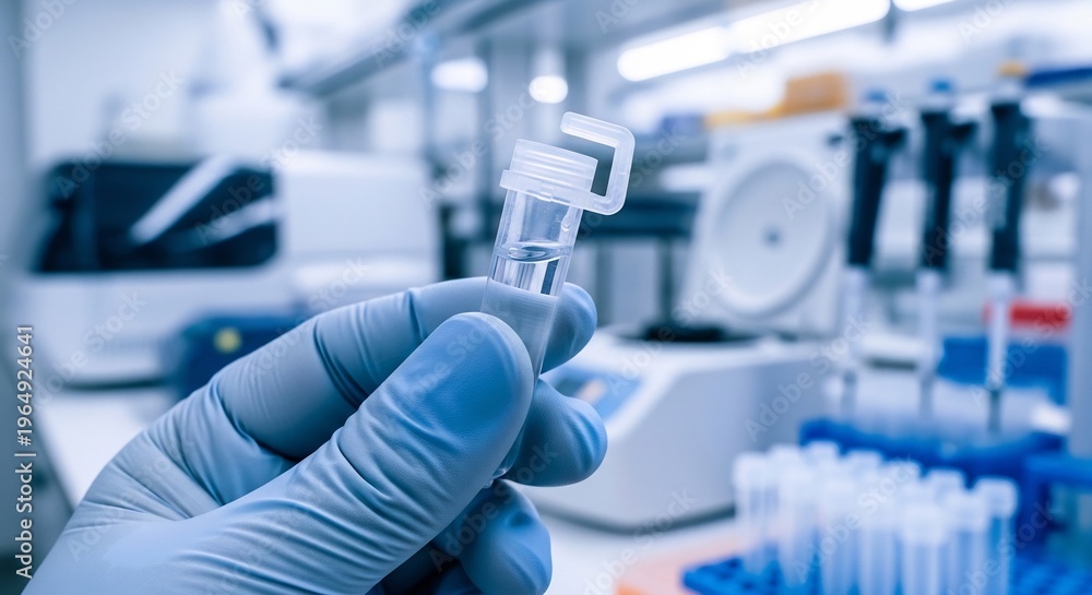 Fototapeta premium Scientist Holding Microcentrifuge Tube in Laboratory Setting.