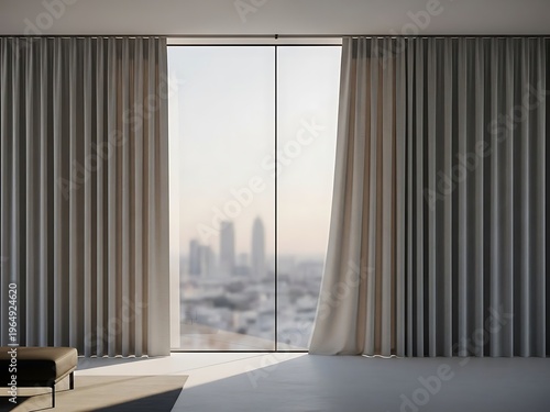 Modern interior featuring soft curtains and a blurred cityscape view, light filled