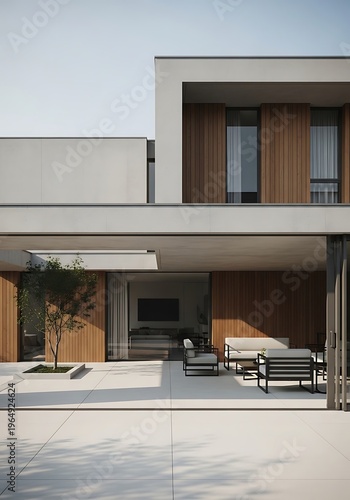 Serene facade of a modern house, emphasizing the elegant outdoor living area