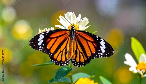 Vivid butterfly with orange and black wings, perched atop a white and yellow flower. Bokeh background