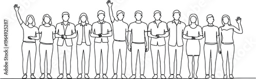 A long line of diverse people stands together in a simple black and white line drawing.