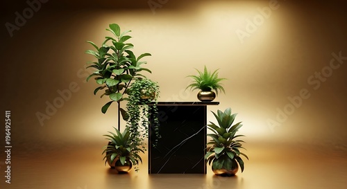 Sophisticated still life of indoor plants and luxury marble pedestal