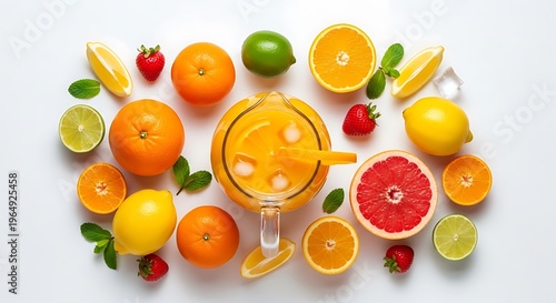 Refreshing citrus fruit arrangement with juice pitcher on white backdrop