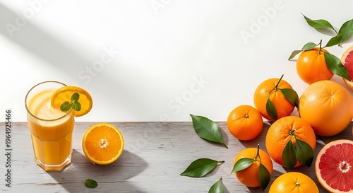 Refreshing Orange Juice and Citrus Fruits Displayed in Bright Sunlight