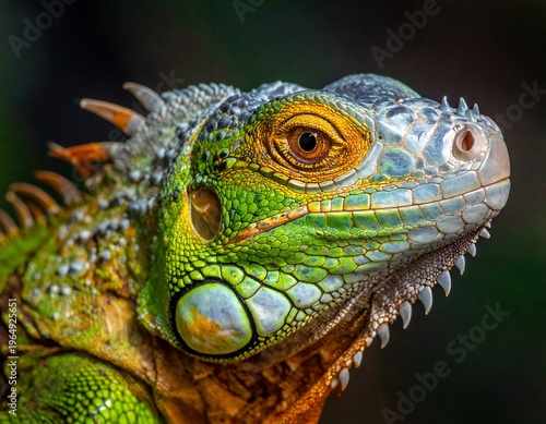 Vivid close-up of a reptile head showcasing intricate scale patterns and a mesmerizing golden eye