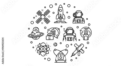 Modern space research and exploration outline icons collection with satellite and orbital symbols