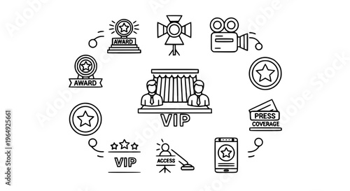 Modern celebrity and entertainment outline icons collection with fame and media symbols
