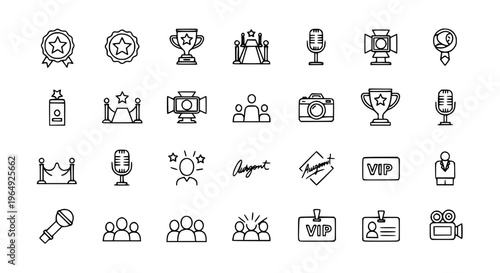 Minimal celebrity outline icon set with fame entertainment and VIP event symbols