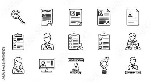 Minimal recruitment outline icon set with hiring job search and HR selection symbols