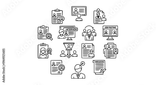 Modern recruitment and hiring outline icons collection with HR talent acquisition symbols