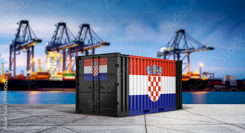 фотографія Croatian Container at Harbor: A Croatian-themed shipping container proudly sits at a bustling harbor, showcasing the nation's colors and symbols against the backdrop of industrial cranes and ships